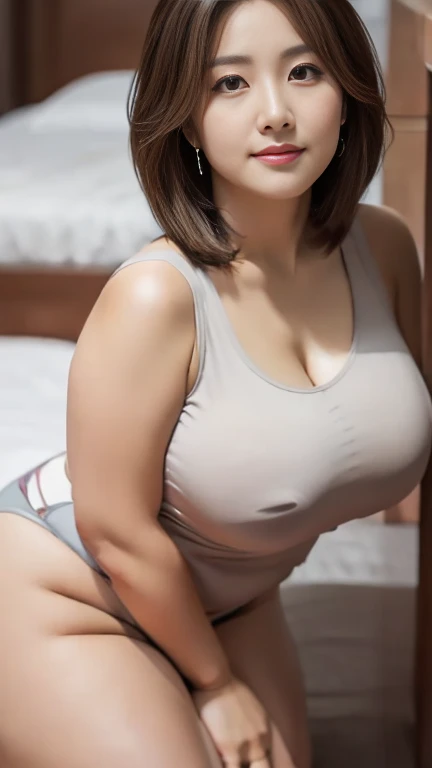 (8K, best quality, masterpiece, Golden Ratio Composition,:1.3, Panoramic view, Full body picture), (40 years old plump Japanese woman in hotel), (90 kg obese body),  (Wearing a turtleneck :1.2), (Legs close-up), (Thick thighs),  (Snow-white long legs),  (Huge breasts), (No upper body exposed),  (Cropped pants), (Wearing high heels), Soft face line, Gentle and beautiful, (Silver short hair),