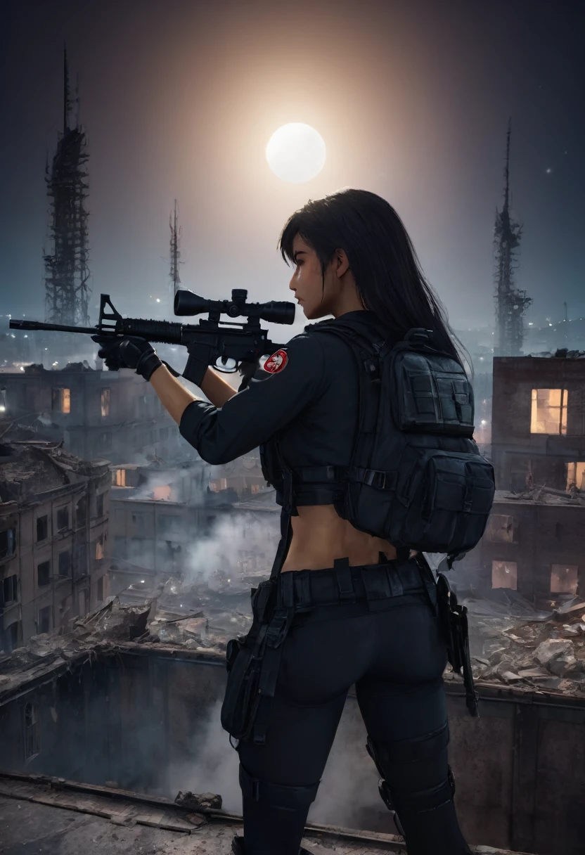 Highest quality, Highest quality, 16K, Unbelievably absurd, Very detailed, delicate and dynamic, Natural light, The particles reflect light, Diffuse reflection of light, Vortex of Light, war zone, bombs blusting around, dark outfield, ruined big city, roof top of ruined building, moon night, milky way, illumination, Create amazing image effects, Upper body close-up, (sole sexy girl, big Firm bust, , powerful, A professional sniper,, shooting a target with M16 auto rifle, swat uniform,)