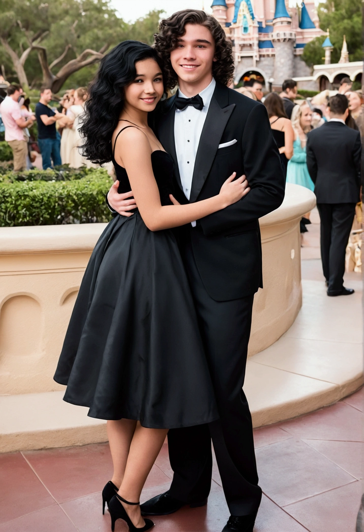 At Disney I want a 20-year-old boy with black, wavy hair and black formal attire hugging a 22-year-old girl with wavy black hair, wearing a black dress and in heels. 