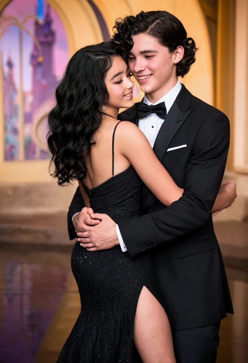 At Disney I want a 20-year-old boy with black, wavy hair and black formal attire hugging a 22-year-old girl with wavy black hair, wearing a black dress and in heels.