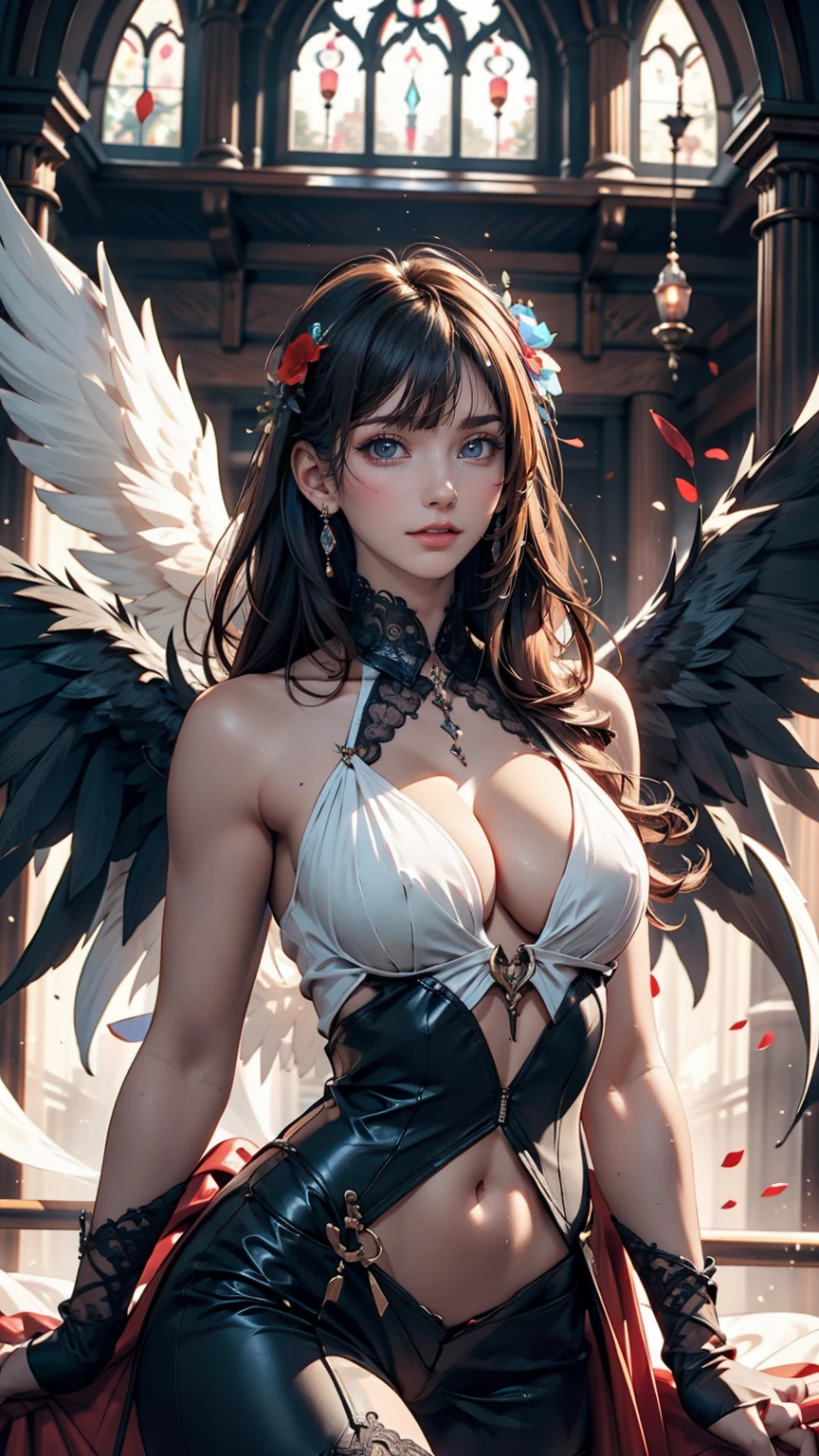 Beautiful flower angel, Futuristic Gothic style, Highly detailed face and body, Anime Style, Realistic, Cinema Lighting, Intricate floral pattern, Mysterious Wings, Dramatic Pose, Moody color palette, Volumetric Light Effects, Ultra-realistic textures, Flamboyant Gothic architecture, Amazing digital art