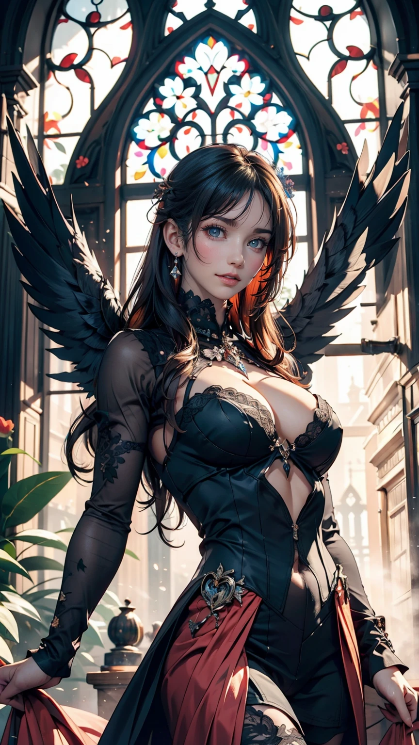 Beautiful flower angel, Futuristic Gothic style, Highly detailed face and body, Anime Style, Realistic, Cinema Lighting, Intricate floral pattern, Mysterious Wings, Dramatic Pose, Moody color palette, Volumetric Light Effects, Ultra-realistic textures, Flamboyant Gothic architecture, Amazing digital art