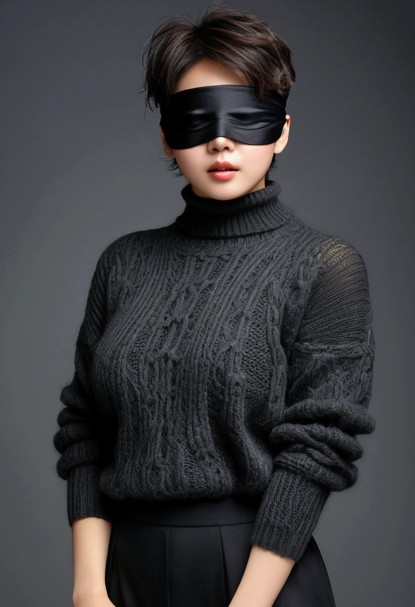 1 Japanese female,(Messy fluffy pixie cut:1.2)、8k、RAW Photos、high quality、high quality、Highly detailed photos、Eye on the details、Super detailed face、Ultra-precise reproduction of hair、Ultra-detailed body、(photography lighting:1.3)、Dark brown short hair、Good lips、Natural Makeup、 (Dark grey cable knit turtleneck sweater:1.2)、(High-quality fabric:1.3), (Slanted Eyes)、Tilting Head, (Huge breasts:1.2), Thick thighs, Thick waist, (Realistic, Photorealism: 1.37),(Full Body Shot),(High heels),(Are standing),View your viewers,(((Big black blindfold)))