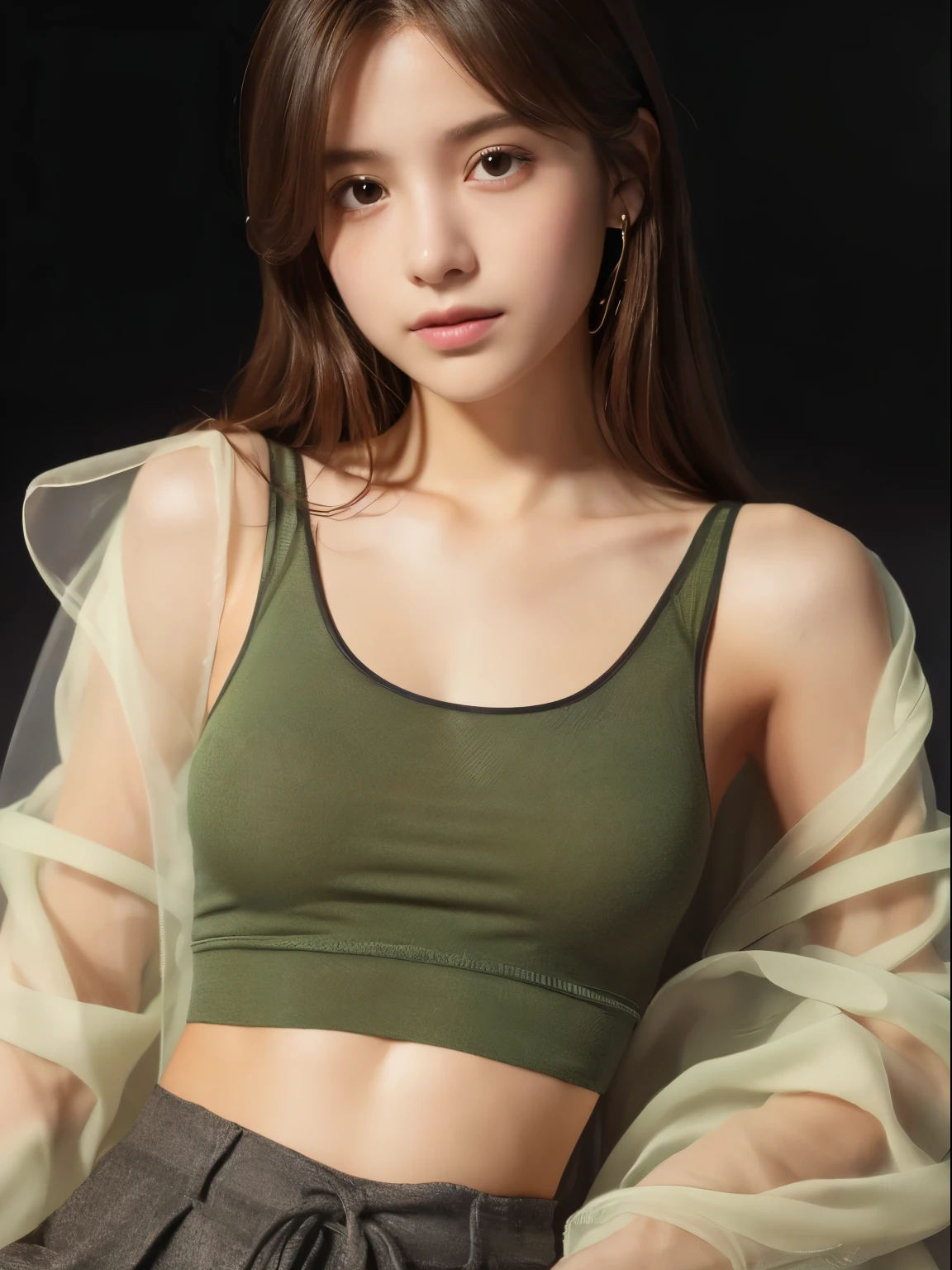 super realistic images,teenager girl, cute face, An ennui look、french braid、ash gray hair、green eyes, a little freckled, doing yoga, Three line sweatshirt、I can see your belly button、sports bra、Jacket, highest quality、ultra high resolution、master piece:1.5、Portrait