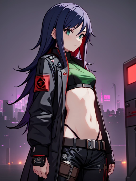 beautiful girl with small breasts, wear a rough jacket, long hair, Machine weapons in a cyberpunk night scene, Cyberpunk red green background