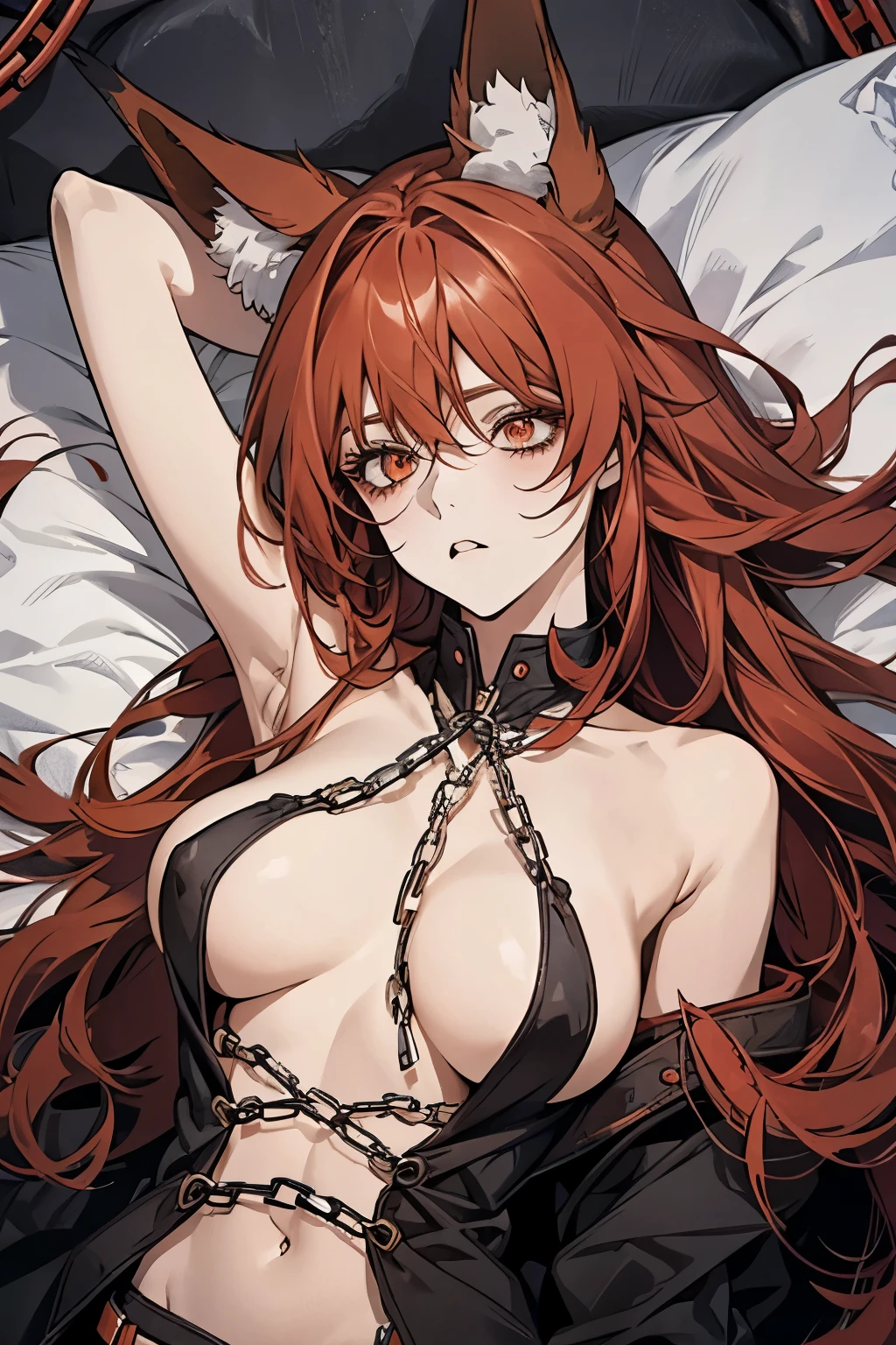 Red long hair,Fox ears,Girl,Tied with chains,Struggling with fear,Exposed breasts,butt,Lying on the bed,SM tools