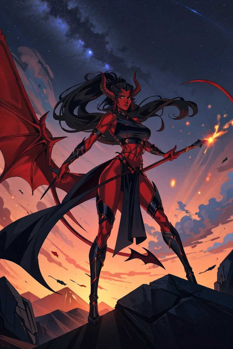 Red skin succubus tiefling, digitigrade legs, full breasts, huge breasts, black horns, wings, huge tail, black leather, crop top, long flowing pelvic curtain, tall, athletic, graceful, thin, long black ponytail. Action scene, whip. Dark scene, explosions, night sky.