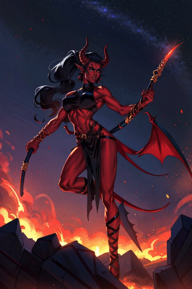 Red skin succubus tiefling, digitigrade legs, full breasts, huge breasts, black horns, wings, huge tail, black leather, crop top, long flowing pelvic curtain, tall, athletic, graceful, thin, long black ponytail. Action scene, whip. Dark scene, explosions, night sky.