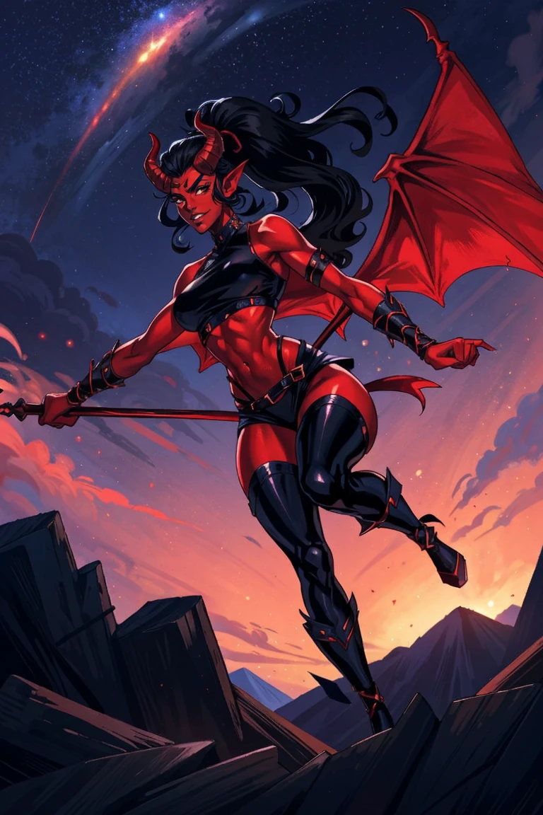 Red skin succubus tiefling, digitigrade legs, full breasts, huge breasts, black horns, wings, huge tail, black leather, crop top, long flowing pelvic curtain, tall, athletic, graceful, thin, long black ponytail. Action scene, whip. Dark scene, explosions, night sky.