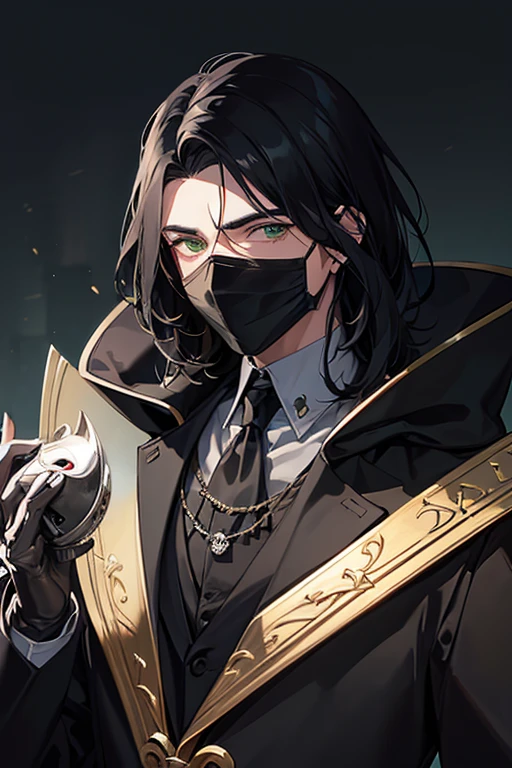 a close up of a man with black hair and green eyes wearing a plague beak mask behind him a night light of cities. plague doctor in england