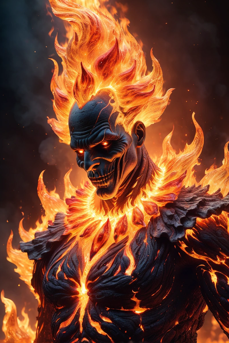 horror themed (work of art, high qualiy, best qualityer, offcial art, Beauty and Aesthetics:1.2),close up,portrait-painting,(clown \(CC\):1.2),(a humanoid figure covered in flame crystals:1.5),(a body composed of crystals:1.2),
(fire element:1.1),composed of fire elements,Burning,transparency,fire,(lava),Flame skin,flame printing,smoke,nube,(Radiant:1.1),(flames rising:1.2),(reigniting the divine fire:1.2),United Kingdom,(crystallize:1.3),author: anato finstark,(black art),(stark),(complexdetails),(super verbose),sharp focus,Complexity,Surrealism,surrealistic,work of art,sharp details,Complexity,highy detailed,colorfully,8k,. octane rendering,highy detailed,Volumetric,dramatic lighting,. octane rendering,highy detailed,Volumetric,dramatic lighting,lava terrain,ral-lava,transparentes,Dynamic posture, . weirdcore, disturbing, tenebrosa, frightful, suspense, grim, highy detailed