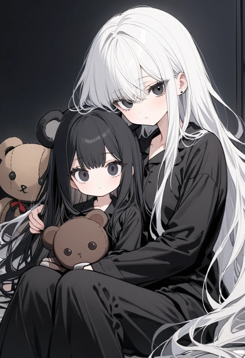 Girls, long hair, White hair with black inner color hair, black eyes, black pajamas, black eyes, bear doll
