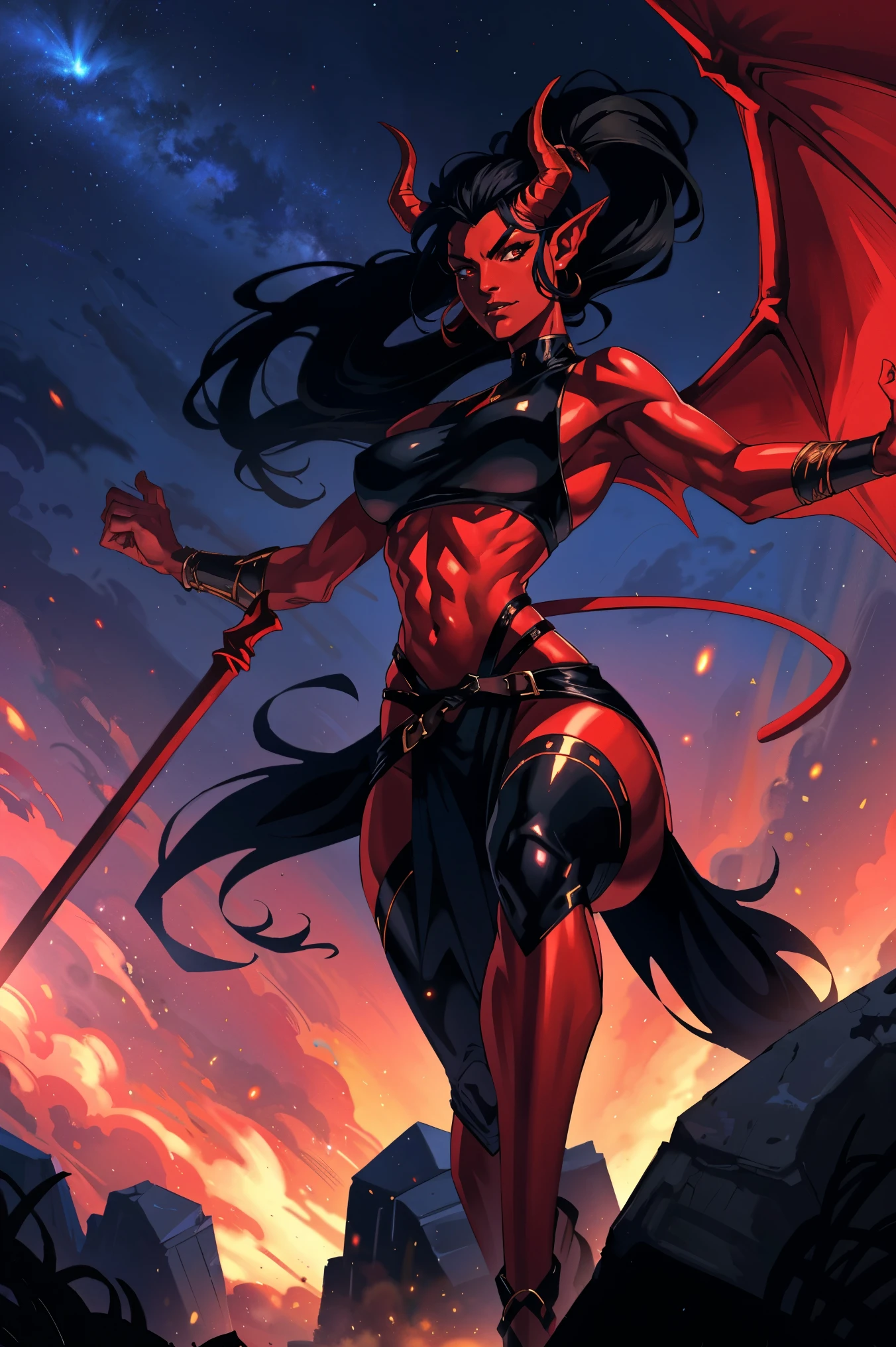 Red skin succubus tiefling, digitigrade legs, full breasts, huge breasts, black horns, wings, huge tail, black leather, crop top, long flowing pelvic curtain, tall, athletic, graceful, thin, long black ponytail. Action scene, whip. Dark scene, explosions, night sky.