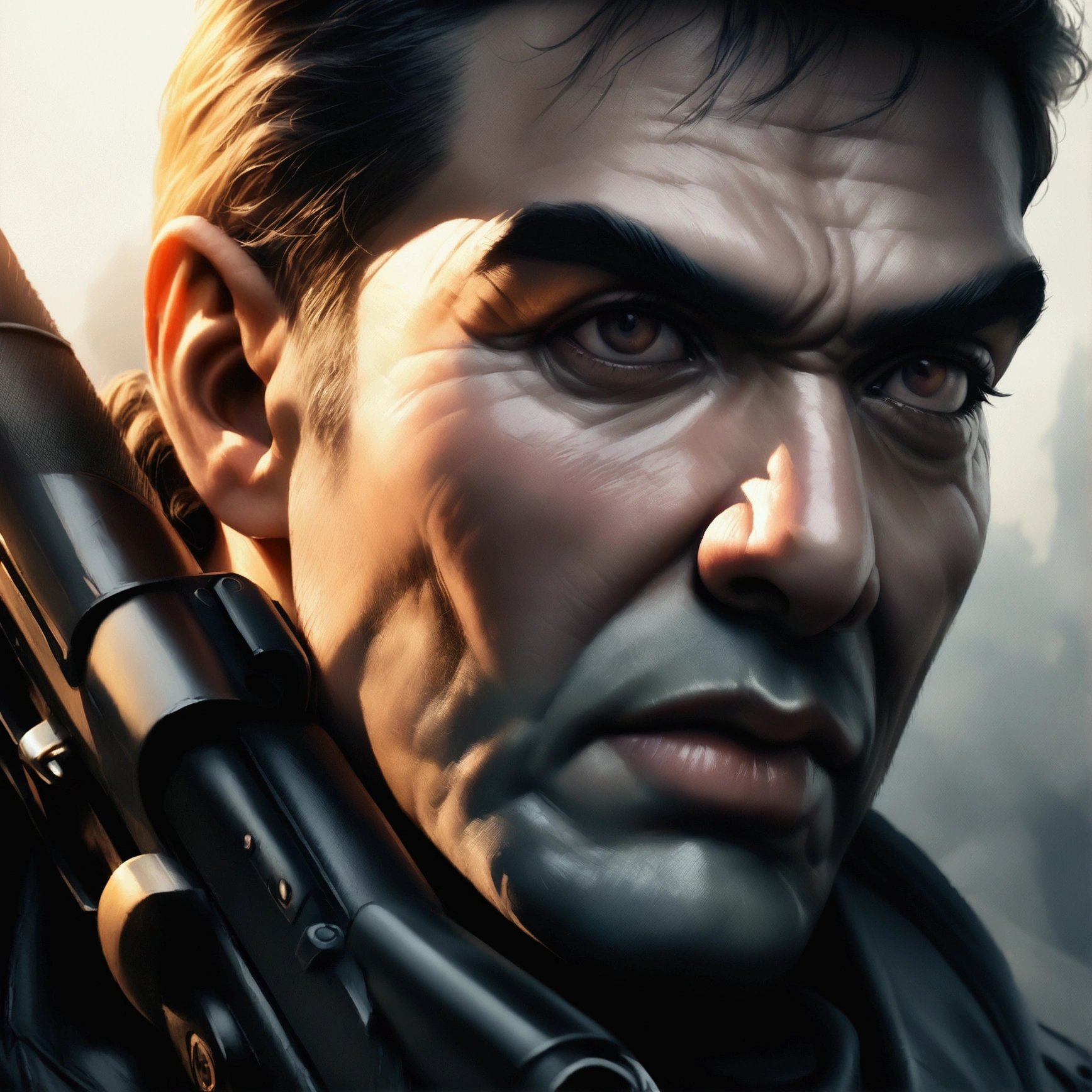 a highly detailed portrait of Golgo 13 holding a sniper rifle, hyper realistic, extremely detailed facial features and expression, intense gaze, tactical military gear, realistic weapon details, dramatic lighting, cinematic composition, muted color palette, gritty and grungy atmosphere, masterpiece, 8k, ultra-detailed