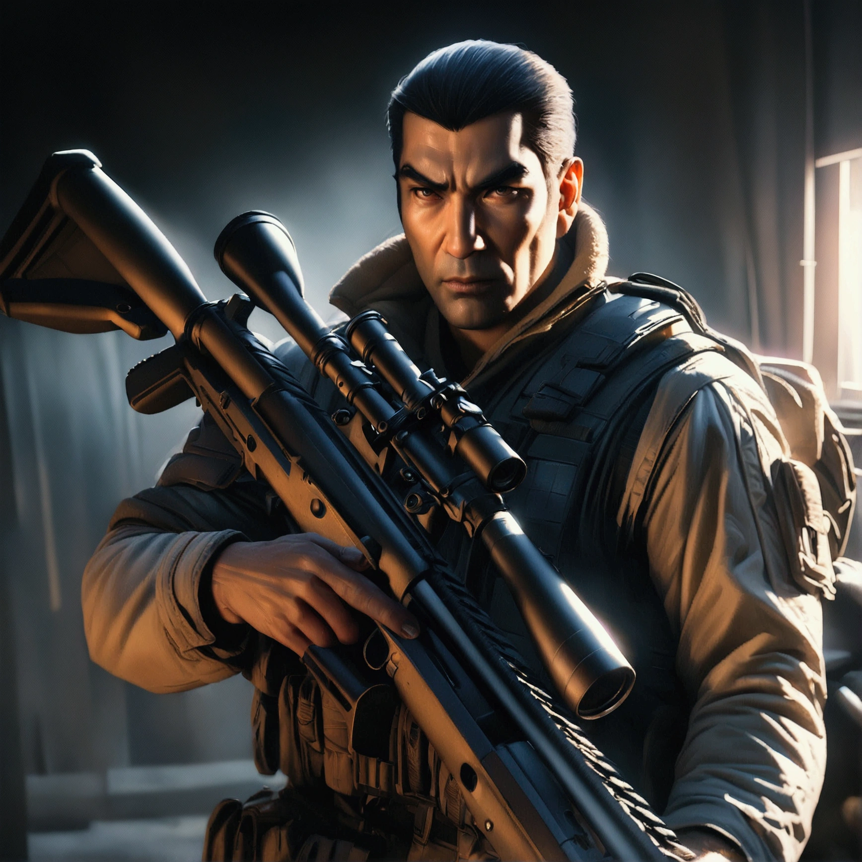 a highly detailed portrait of Golgo 13 holding a sniper rifle, hyper realistic, extremely detailed facial features and expression, intense gaze, tactical military gear, realistic weapon details, dramatic lighting, cinematic composition, muted color palette, gritty and grungy atmosphere, masterpiece, 8k, ultra-detailed