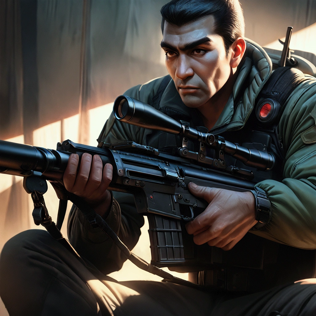 a highly detailed portrait of Golgo 13 holding a sniper rifle, hyper realistic, extremely detailed facial features and expression, intense gaze, tactical military gear, realistic weapon details, dramatic lighting, cinematic composition, muted color palette, gritty and grungy atmosphere, masterpiece, 8k, ultra-detailed