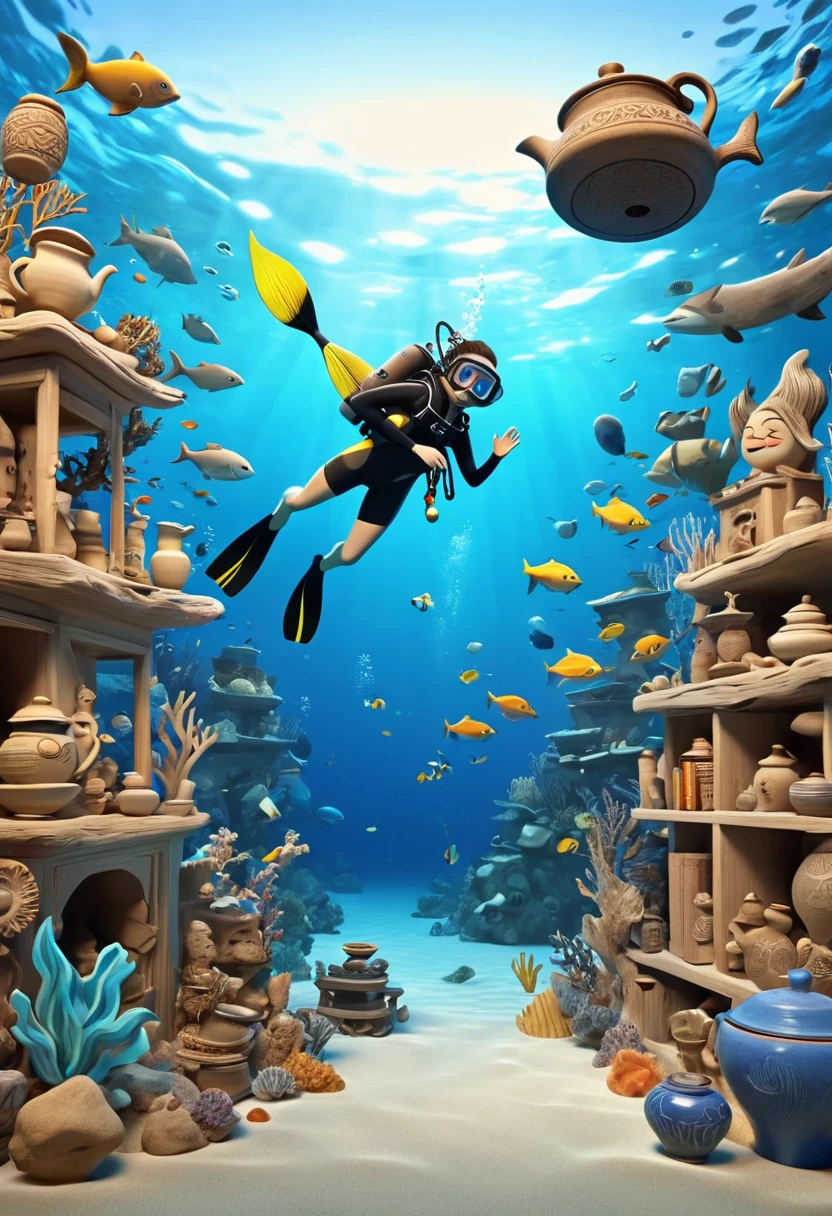 All the cabinets containing artifacts around, Ceramic pot, Pottery bowl, Driftwood, A diver swims upstream in the deep sea holding cultural relics, Cute numbers, cartoon character, Cute 3d rendering, Clay Figures, Clay animation, Lovely and detailed digital art, 3d characters