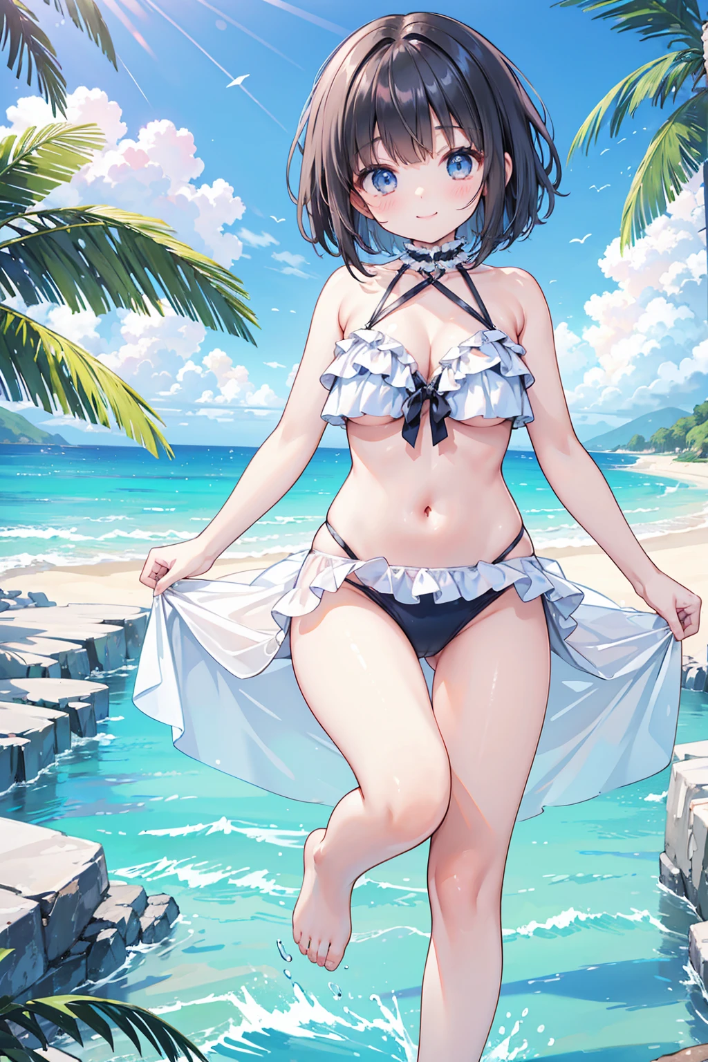 Photorealistic、Highest quality、Highest Resolution、Highest quality、8K、One beautiful woman、cute、Bob Cut Hair、Dark Hair Color、Big Breasts、Beautiful breasts、cute水着、Frilled bikini、Beautiful sea、Beautiful beaches、looks fun、Frolic with a smile、