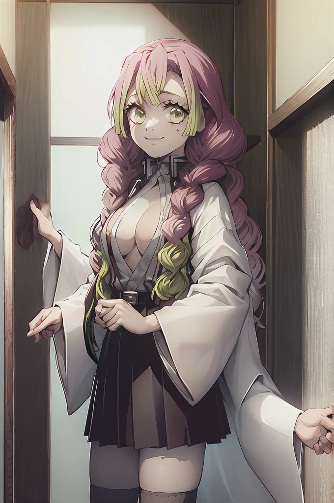 nsfw,masterpiece, best quality, ultra-detailed, Potrait of beautiful MitsuruDS, solo, demon_slayer_uniform, smile, long_sleeves, looking_at_viewer, japanese_clothes, breasts, haori, cleavage, closed_mouth, jacket, large_breasts, open_clothes, skirt, belt, black_skirt, pleated_skirt, thighhighs, green_thighhighs, zettai_ryouiki, volumetric lighting, best quality, masterpiece, intricate details, tonemapping, sharp focus, hyper detailed, trending on Artstation,
