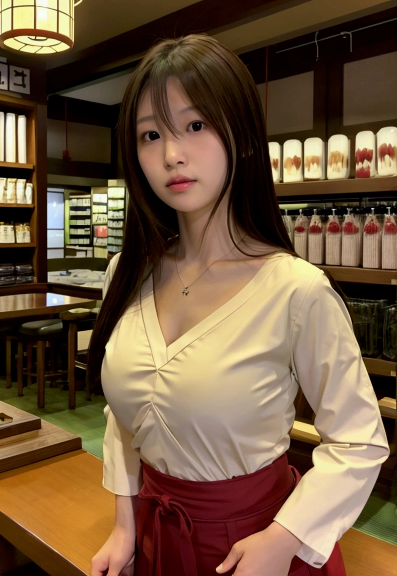 (((Inside an Izakaya at night))), (((The store is crowded))), There are small plates of salad and pasta on the table., Japanese women, Airi Suzumura, 31 years old, 31 years oldの肌, Blood type A, necklace, Height: 152cm, Bust size is 85cm, Her bust is a D cup, The waist size is 57cm, Hip size is 85cm, necklace, (V-neck shirt), (V-neck shirtはおしゃれなデート用)