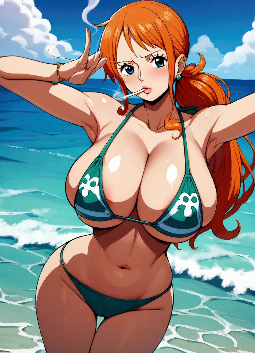 a cartoon picture of a woman in a bikini top and jeans, nami one piece, nami from one piece, nami, beautiful portrait of nami, from one piece, oppai, blue eyes, smoking, ponytail, nsfw