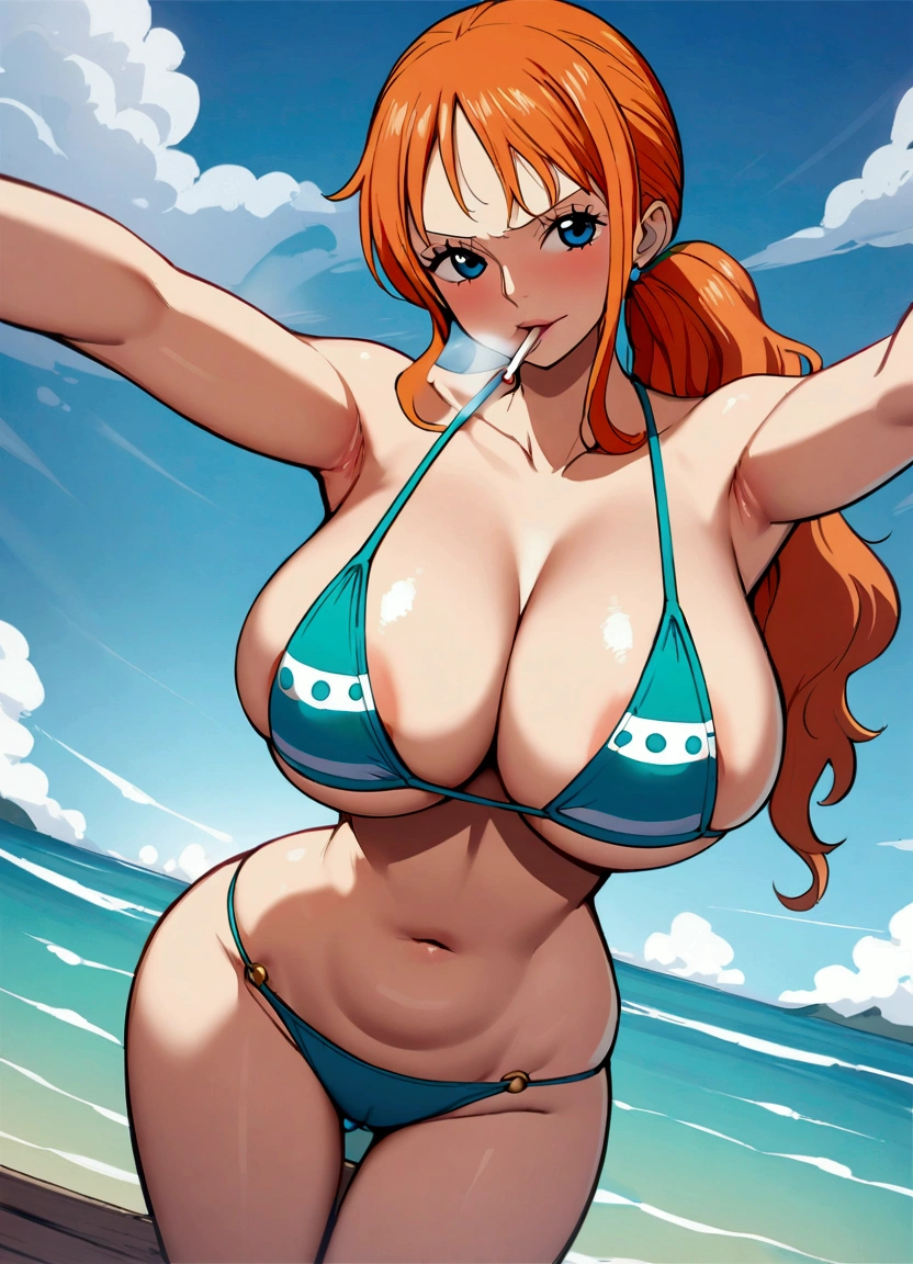 a cartoon picture of a woman in a  top and jeans, nami one piece, nami from one piece, nami, beautiful portrait of nami, from one piece, oppai, blue eyes, smoking, ponytail, 