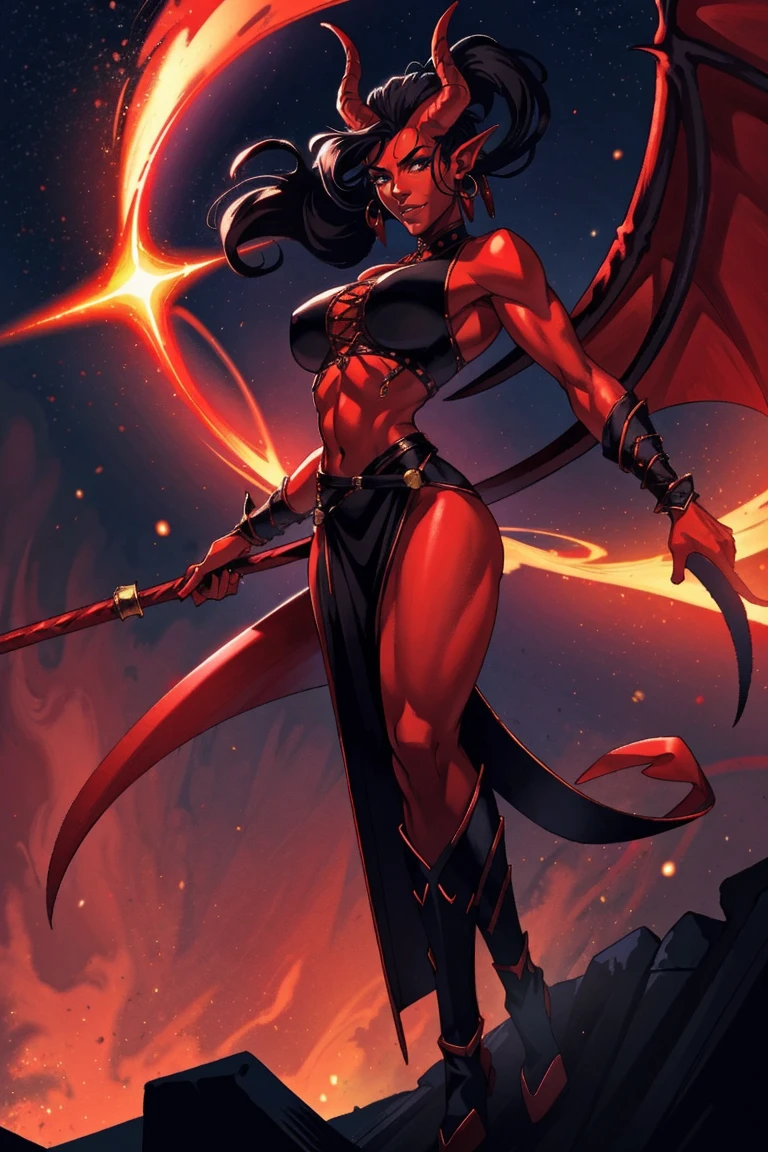 Red skin succubus tiefling, digitigrade legs, full breasts, huge breasts, black horns, wings, huge tail, black leather, crop top, long flowing pelvic curtain, tall, athletic, graceful, thin, long black ponytail. Action scene, whip. Dark scene, explosions, night sky.