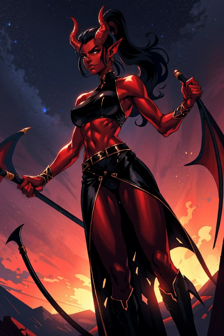 Red skin succubus tiefling, digitigrade legs, full breasts, huge breasts, black horns, wings, huge tail, black leather, crop top, long flowing pelvic curtain, tall, athletic, graceful, thin, long black ponytail. Action scene, whip. Dark scene, explosions, night sky.