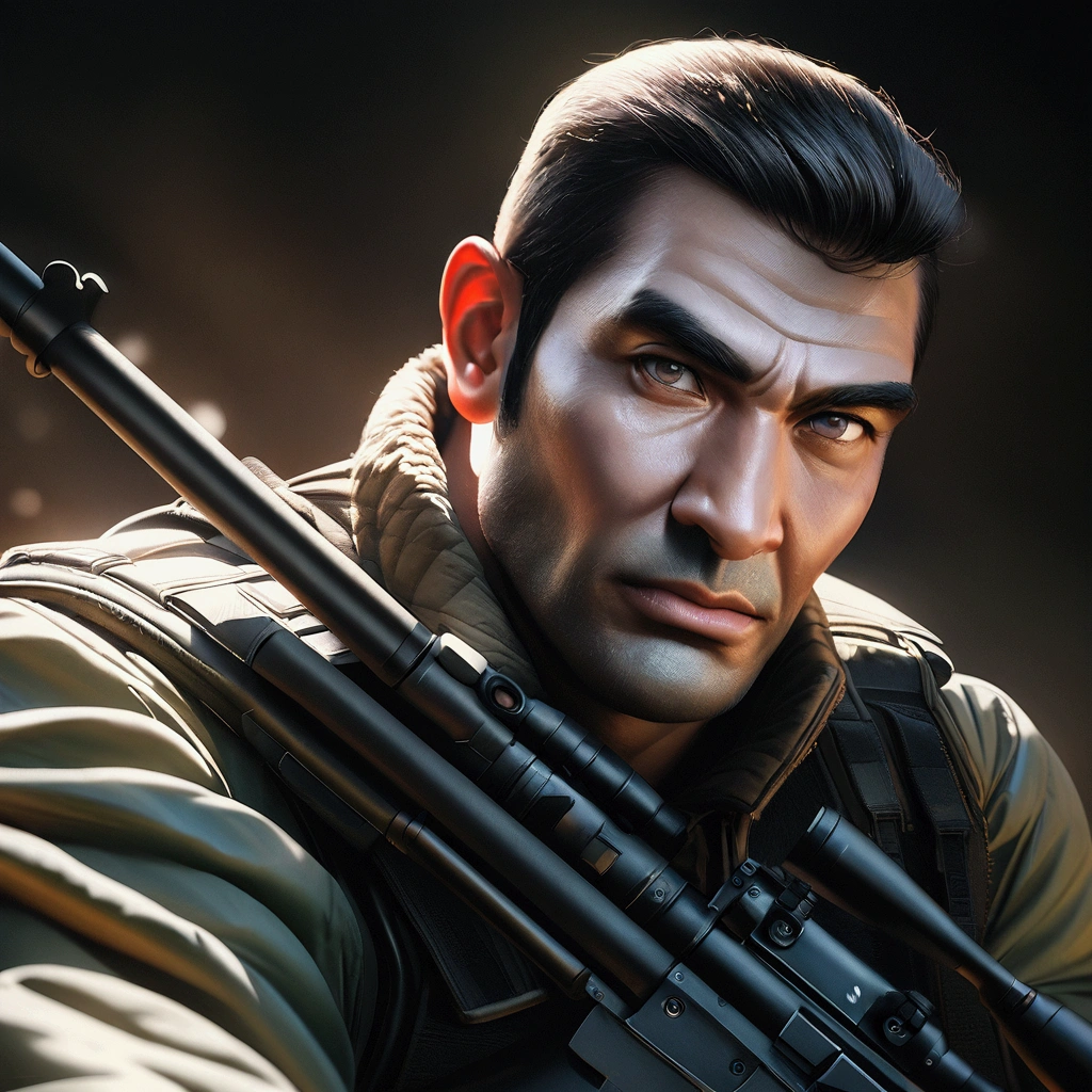 a highly detailed portrait of Golgo 13 holding a sniper rifle, hyper realistic, extremely detailed facial features and expression, intense gaze, tactical military gear, realistic weapon details, dramatic lighting, cinematic composition, muted color palette, gritty and grungy atmosphere, masterpiece, 8k, ultra-detailed