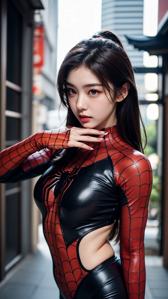Masterpiece, (One Brazilian girl: 1.3), Realistic, 8K Ultra HD, High quality, Background blur, Black and white Spiderman suit, Spiderman, (Spiderman pose 1.4), (Clothes cover the whole body: 1.1), Tight clothes, Abs contour, Chest contour, Short black hair, Perfect face, Shining face, Ultra clear face, Exquisite eyes, Japanese idol, (Chinese architecture tense background), Shinobi, Ninja, Detailed hands, Detailed fingers, Detailed number of fingers,