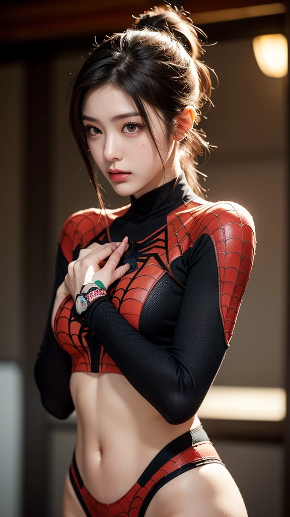 Masterpiece, (One Brazilian girl: 1.3), Realistic, 8K Ultra HD, High quality, Background blur, Black and white Spiderman suit, Spiderman, (Spiderman pose 1.4), (Clothes cover the whole body: 1.1), Tight clothes, Abs contour, Chest contour, Short black hair, Perfect face, Shining face, Ultra clear face, Exquisite eyes, Japanese idol, (Chinese architecture tense background), Shinobi, Ninja, Detailed hands, Detailed fingers, Detailed number of fingers,