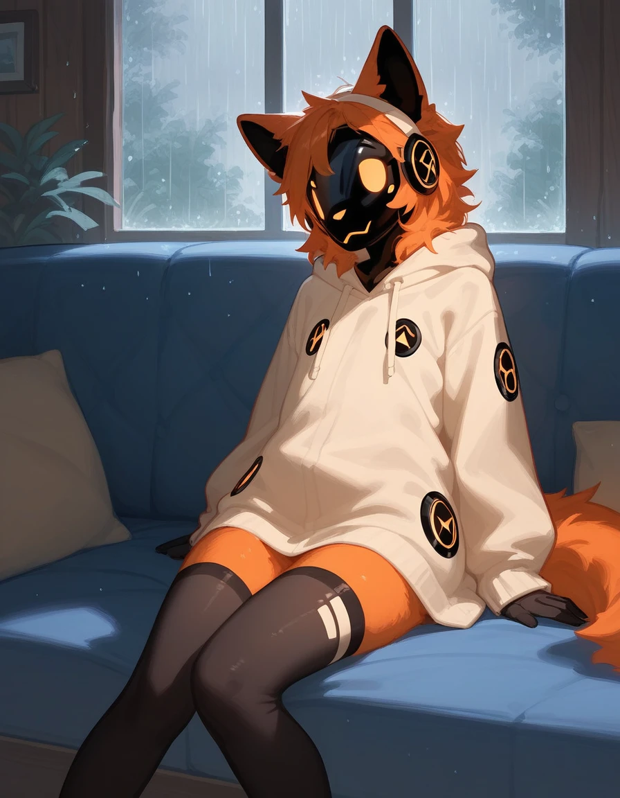 Protogen, protogen face, male, femboy, light, black orange fur try body, cute orange tail, oversized beige hoodie, inside a cozy log cabin, laying on couch, raining, nighttime, dim, dim candle light, black thigh highs, solo:1.3, realistic, hyper detailed, unreal engine, standing, on his hands and knees, close up,