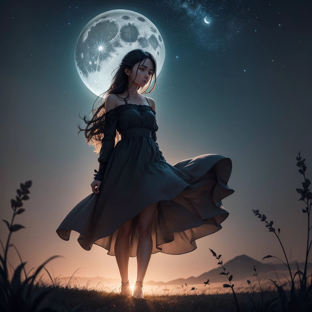 masterpiece, Best Quality, ((Salar)), 4k,8k,style,masterpiece, create a black woman, at evening long charge, ((ultra detailed)), outdoor, evening, nature, (stars, full moon), darkness, contrast, clear sky, (style, (film grain: 1.3), (warm tone, warm tone): 1.2), cinematic light, side lighting, ultra high resolution, (best shadow), raw, walk, towards,