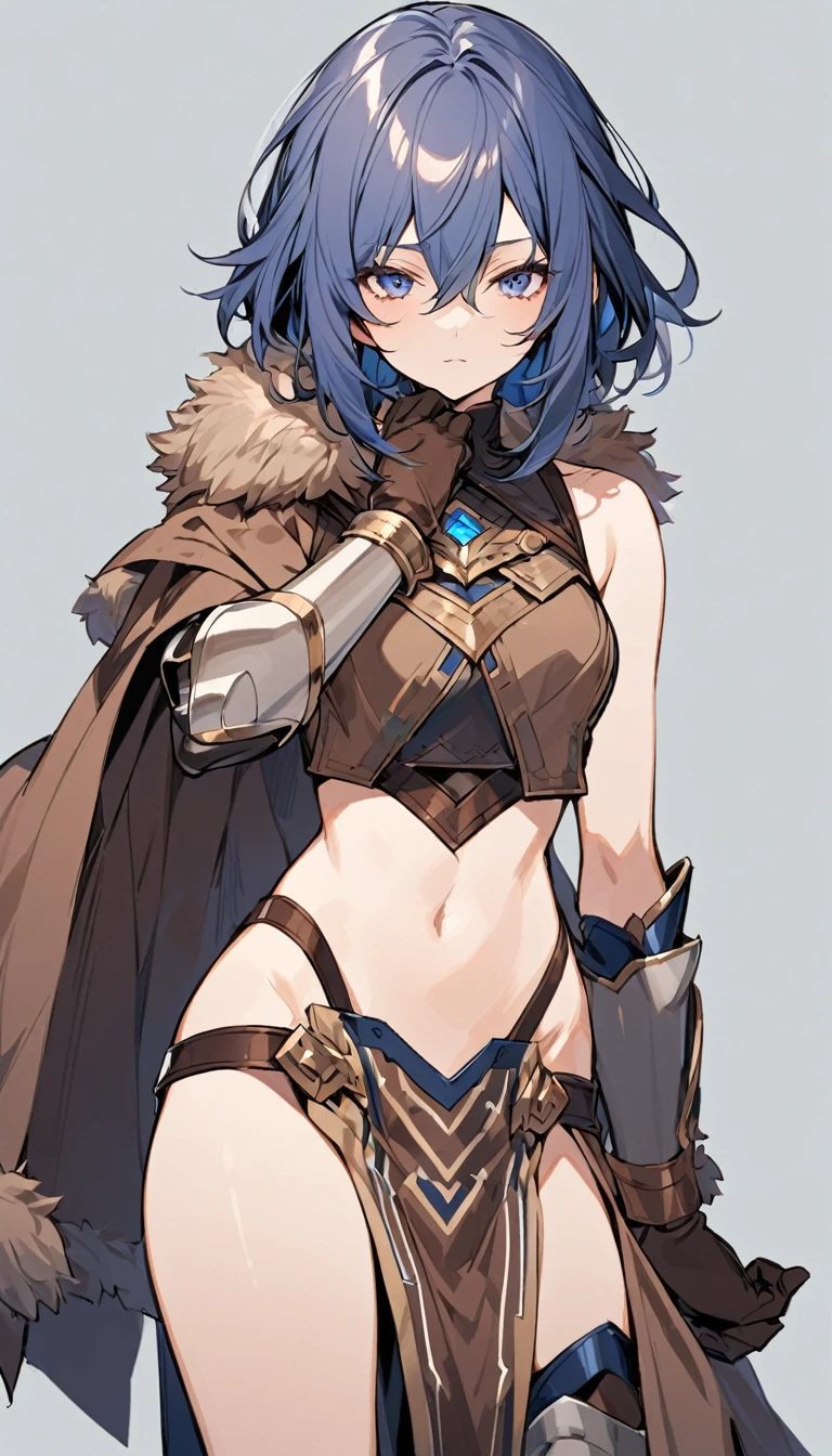 female,simple background,((whole body)),((from front)), from right in front of face and body,standing position,perfect hand, deep blue hair,medium hair,(messy hair:0.8), (pelvic curtain),short cloak,leg armor,Sleeveless,long gloves,(crop top look:1.1),brown clothes,fur