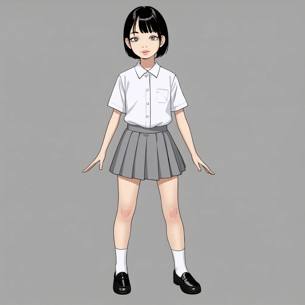 Asian , sharp face, small nose, pink small lips, grey asian eyes, grey short bangs, white school shirt, grey short skirt, short white socks, black fancy shoes
