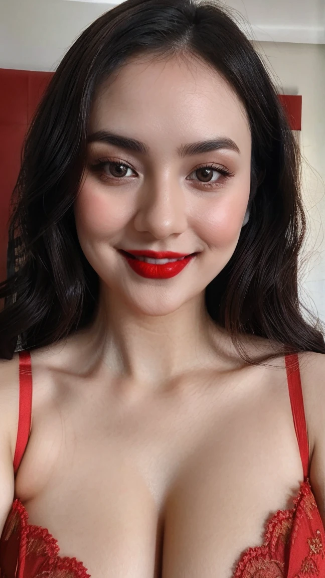 instagram photo, closeup face photo of 23 y.o Chloe in kebaya, Red Lipstick, sensual Lipstick, Sensational Make Up, cleavage, pale skin, (smile:0.4), hard shadows, Red G-STRING, bright lighting 