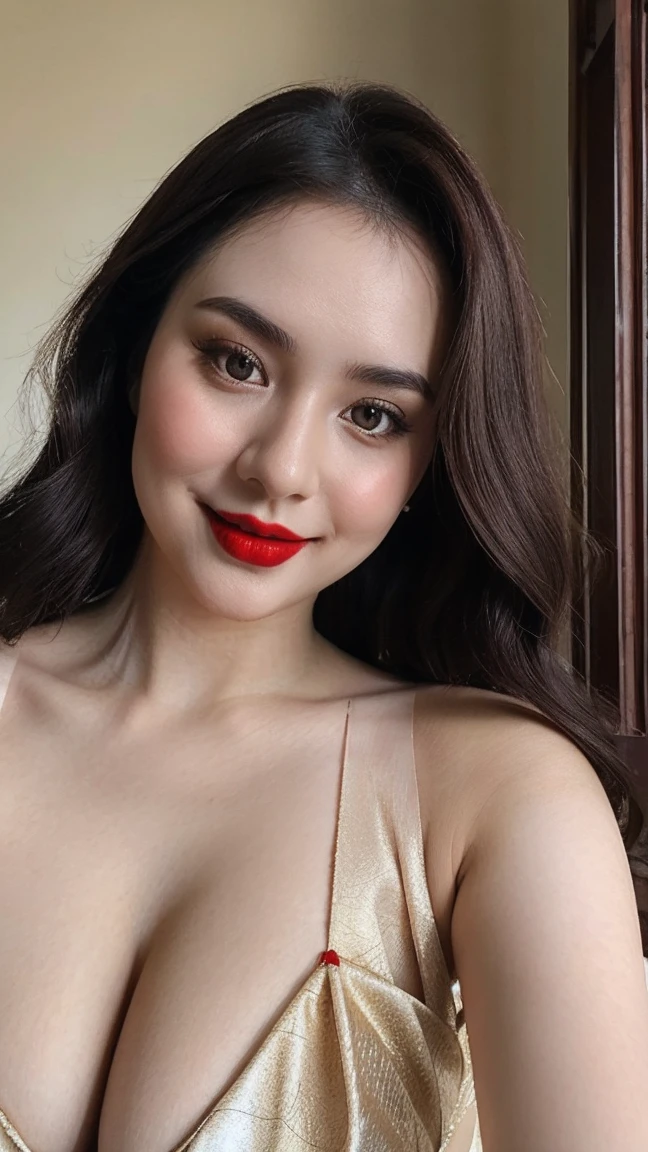 instagram photo, closeup face photo of 23 y.o Chloe in kebaya, Red Lipstick, sensual Lipstick, Sensational Make Up, cleavage, pale skin, (smile:0.4), hard shadows, Red G-STRING, bright lighting 