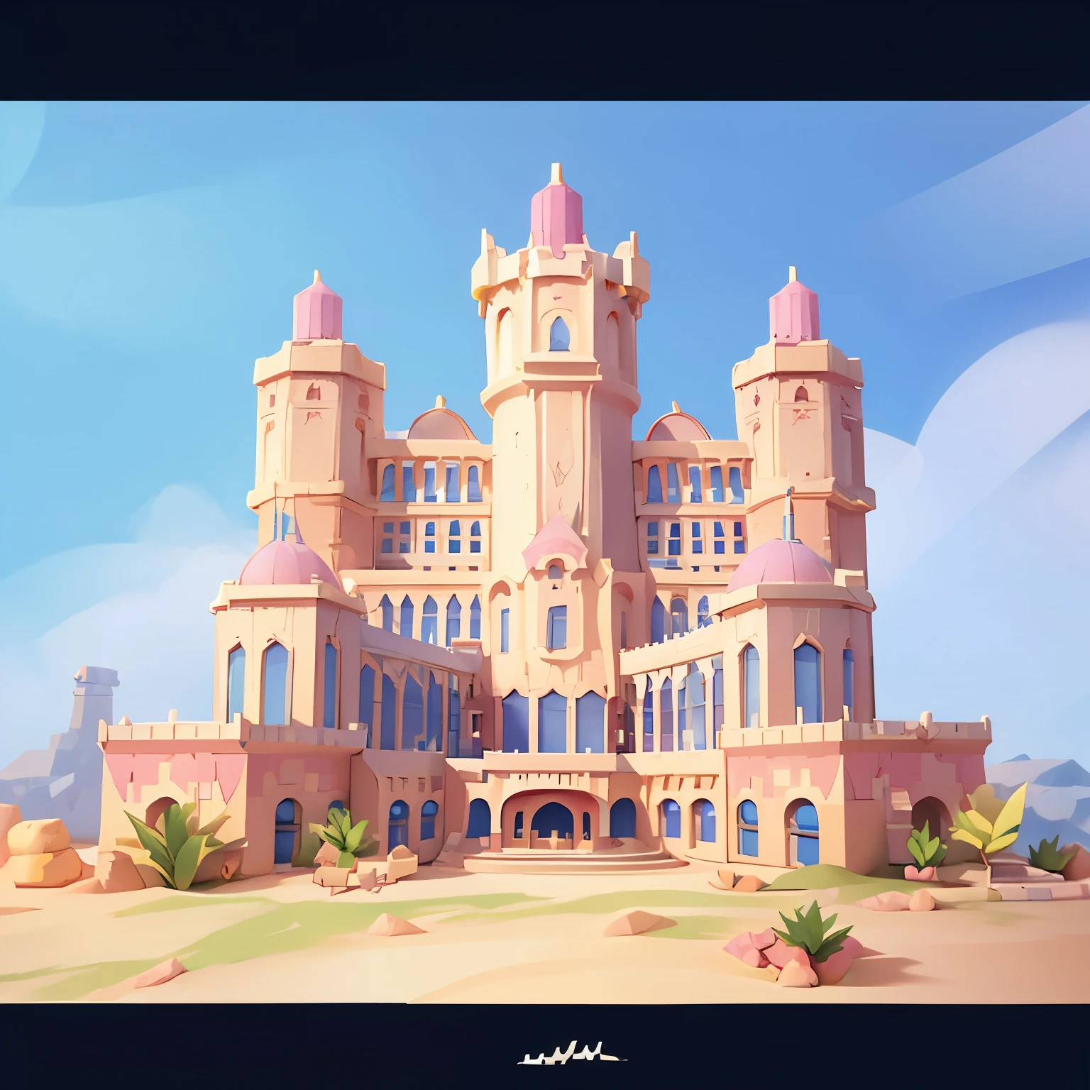 Bright,Warm colors，Cartoon城堡，Front perspective，Front view angle，C4D Architecture，Red Cliff， Castle Cinema Building，Lovely exterior decoration，   Simple game design style，  C4D color rendering model，Top Light，Clean lines，Bright，nice lighting，high tone lighting， Cartoon场景风格，3d 游戏图形，pixelated games，Beautiful original game design，Total control over details，渲染 3d 风格，3d Pixar动画风格，Best quality，chibi,The west，Extremely detailed CG Unity 8K，dramatic，Intricate details，Pixelate graphics，3d,模型 3d 场景，Cartoon，Pixar：