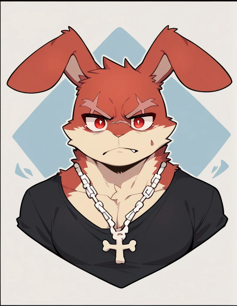(Rabbit), anthropomorphic red rabbit, alone, (scar on left eye), (2-tone white and red fur), (neck), (perfect red eyes:1.4), (Artist:Takemoto Arashi), twitch, mature face, older, clear facial details, Rough intimidating, , side of character, long eyelashes, fang, serius , Black shirt, Bone necklace, exposing chest, ((show upper body)), ((Bust)), Full Length Portrait, Tonalism, Head Out of Frame, Outer Border, Tachi-E, High Details