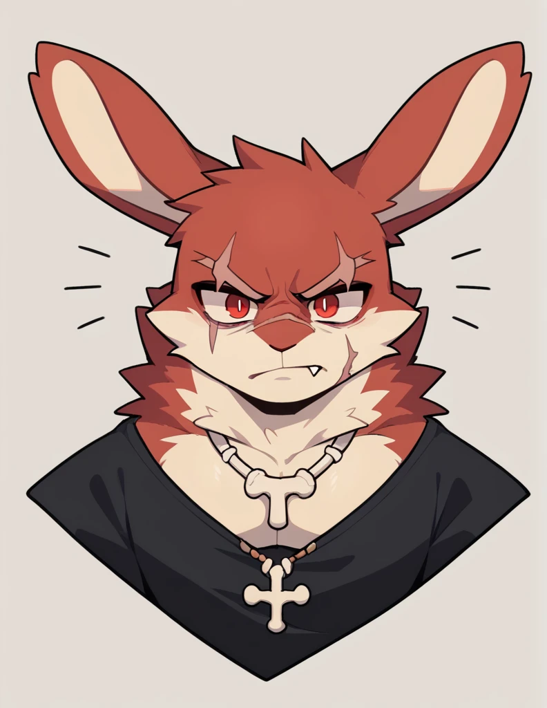 (Rabbit), anthropomorphic red rabbit, alone, (scar on left eye), (2-tone white and red fur), (neck), (perfect red eyes:1.4), (Artist:Takemoto Arashi), twitch, mature face, older, clear facial details, Rough intimidating, , side of character, long eyelashes, fang, serius , Black shirt, Bone necklace, exposing chest, ((show upper body)), ((Bust)), Full Length Portrait, Tonalism, Head Out of Frame, Outer Border, Tachi-E, High Details