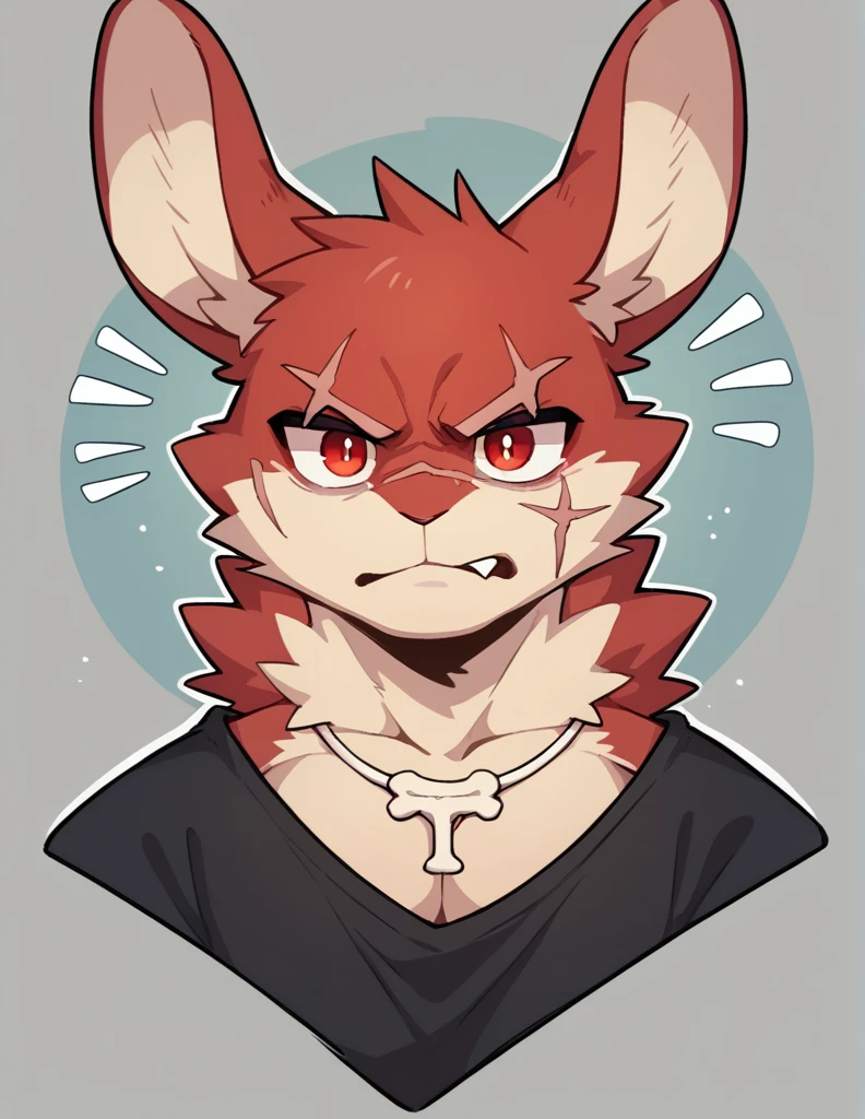 (Rabbit), anthropomorphic red rabbit, alone, (scar on left eye), (2-tone white and red fur), (neck), (perfect red eyes:1.4), (Artist:Takemoto Arashi), twitch, mature face, older, clear facial details, Rough intimidating, , side of character, long eyelashes, fang, serius , Black shirt, Bone necklace, exposing chest, ((show upper body)), ((Bust)), Full Length Portrait, Tonalism, Head Out of Frame, Outer Border, Tachi-E, High Details