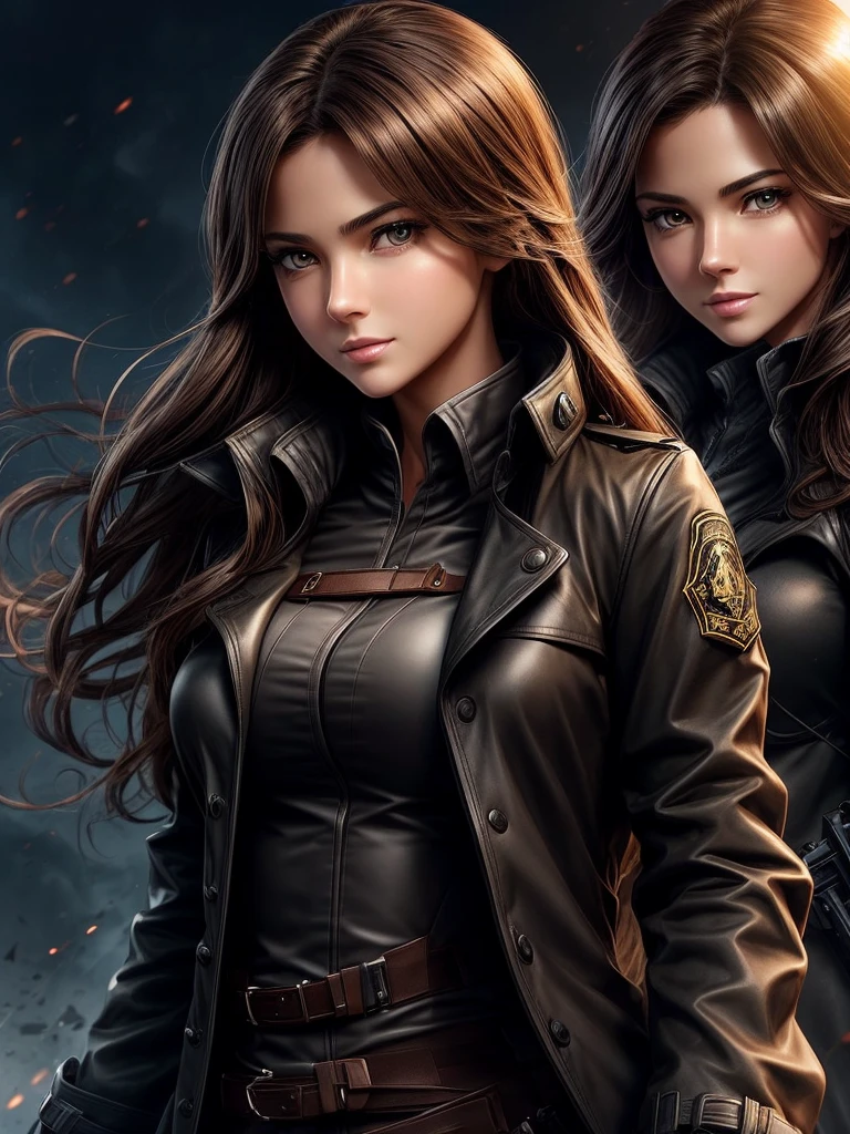 ( perfect anatomy )Anime charming beautiful girl dynamic sniper, A brown-haired woman wearing a black trench coat is a sniper aiming a gun at her prey. ( perfect anatomy ) Dynamic pose detailed face. realistic eyes. The face and eyes are very detailed. delicate skin.、delicate skin texture smile,

                   Black trench coat dark shadow background, Black Soft Light, Professional photography master&#39;artwork, texture, complicated, Clear, High-quality masterpieces，

                        Extremely complicated and exquisitely detailed, Super detailed, Super detailed digital art 
