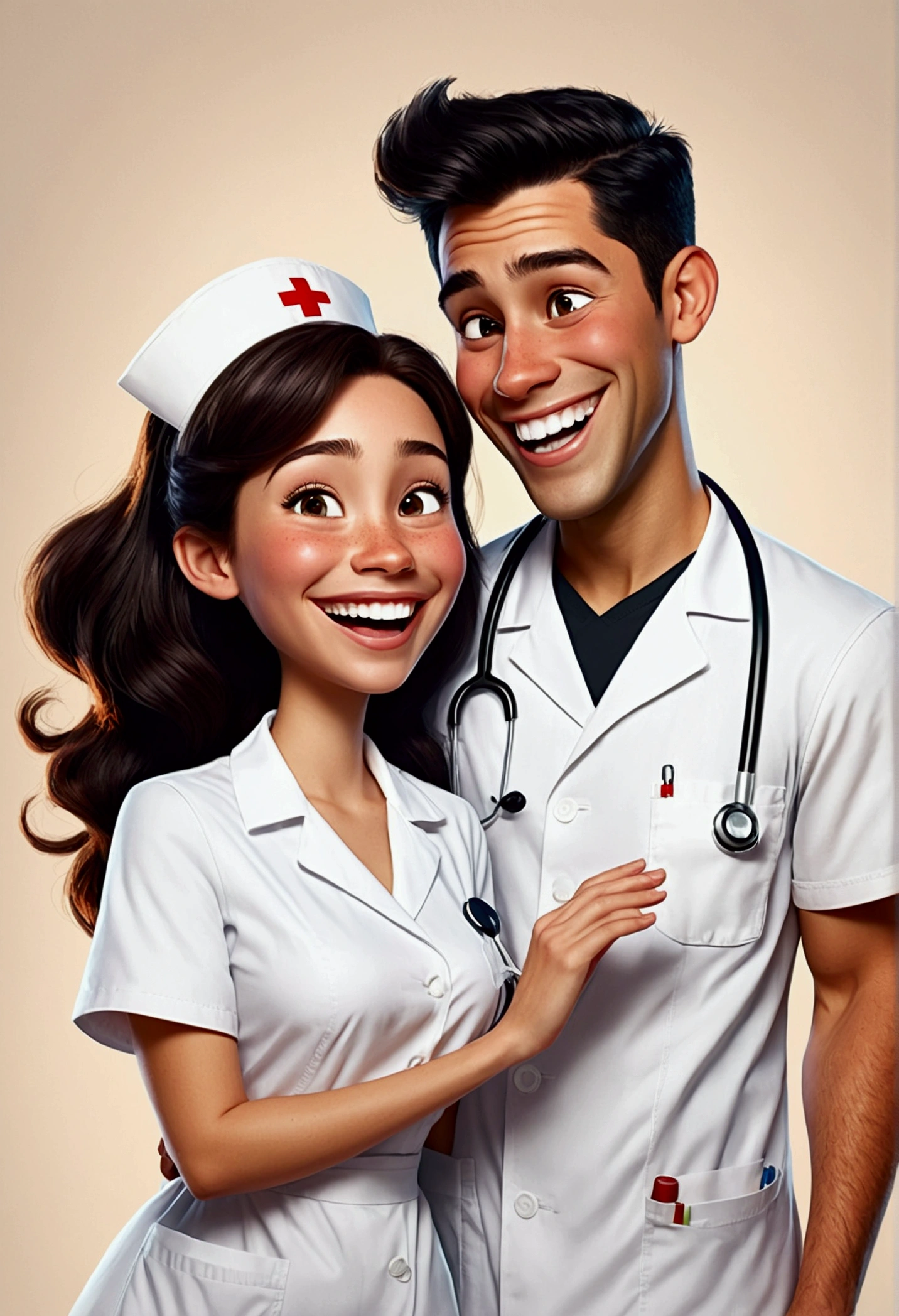 A Disney Pixar style couple, high quality, nurse woman light brown hair and light skin ( boy with black hair laughing)