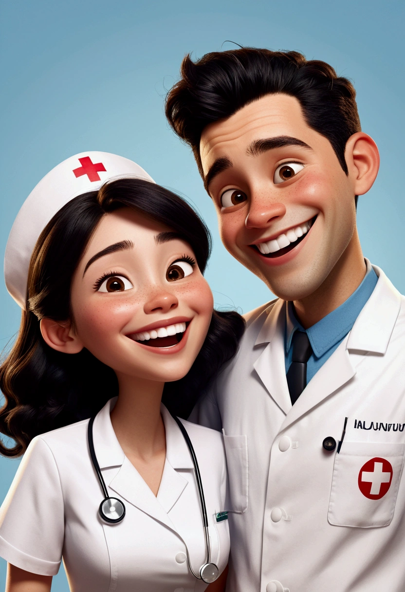 A Disney Pixar style couple, high quality, nurse woman light brown hair and light skin ( boy with black hair laughing)