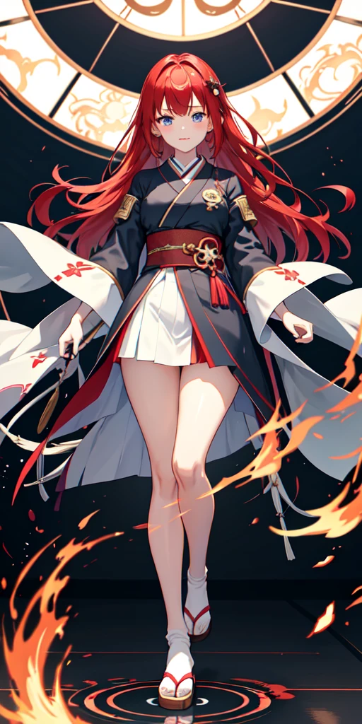 Red short hair, female, fire element, black and red clothes, breasts, long legs, anime, cartoon, manhwa, genshin impact, game, chinese traditional, chinese traditional clothes, chinese dress