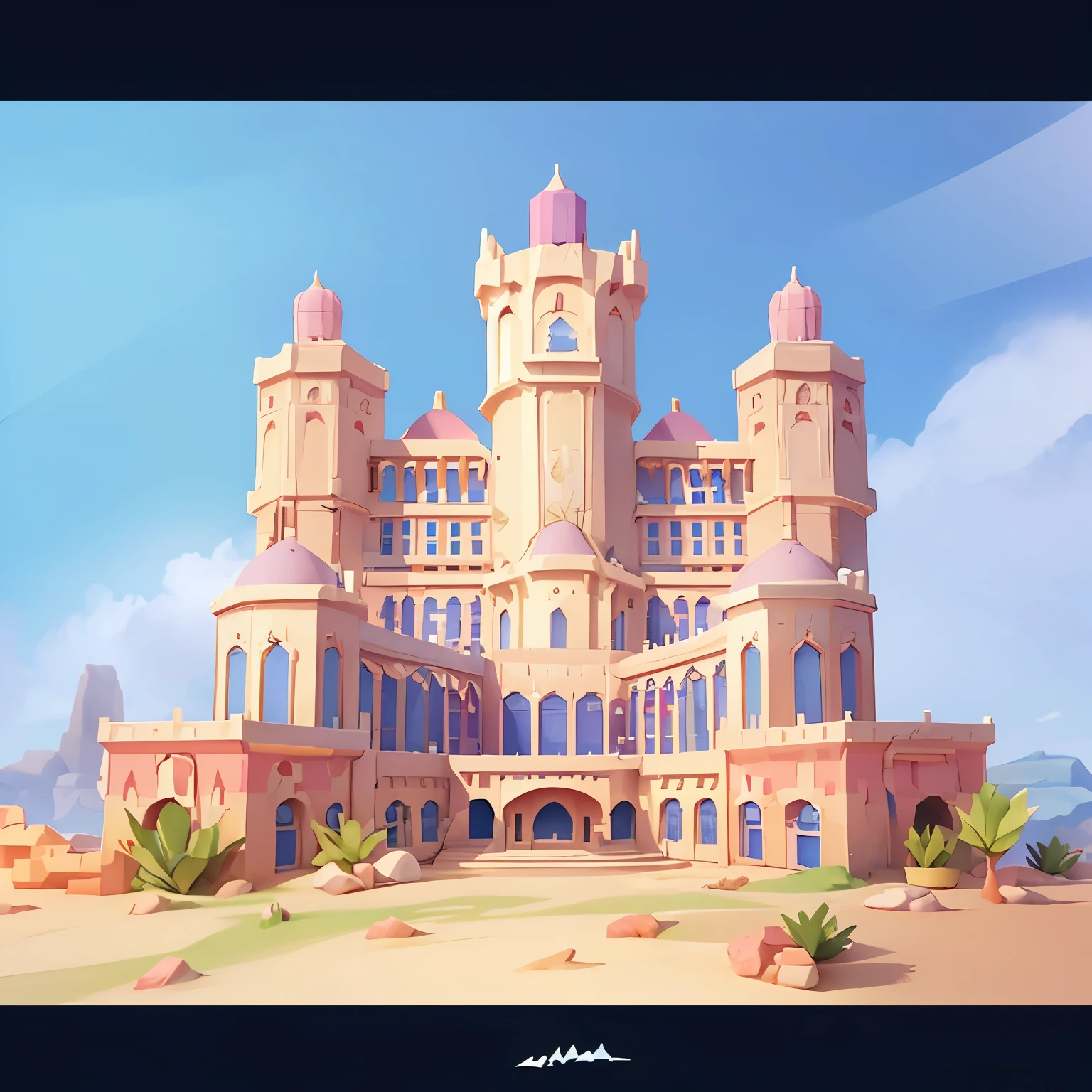 Bright,Warm colors，Cartoon城堡，Front perspective，Front view angle，C4D Architecture，Red Cliff， Castle Cinema Building，Lovely exterior decoration，   Simple game design style，  C4D color rendering model，Top Light，Clean lines，Bright，nice lighting，high tone lighting， Cartoon场景风格，3d 游戏图形，pixelated games，Beautiful original game design，Total control over details，渲染 3d 风格，3d Pixar动画风格，Best quality，chibi,The west，Extremely detailed CG Unity 8K，dramatic，Intricate details，Pixelate graphics，3d,模型 3d 场景，Cartoon，Pixar：