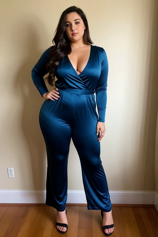Woman , curvy body , wearing jumpsuit satin , beautiful woman, very detail ,pawg, long legs ,thick high, full body in camera, pawg,