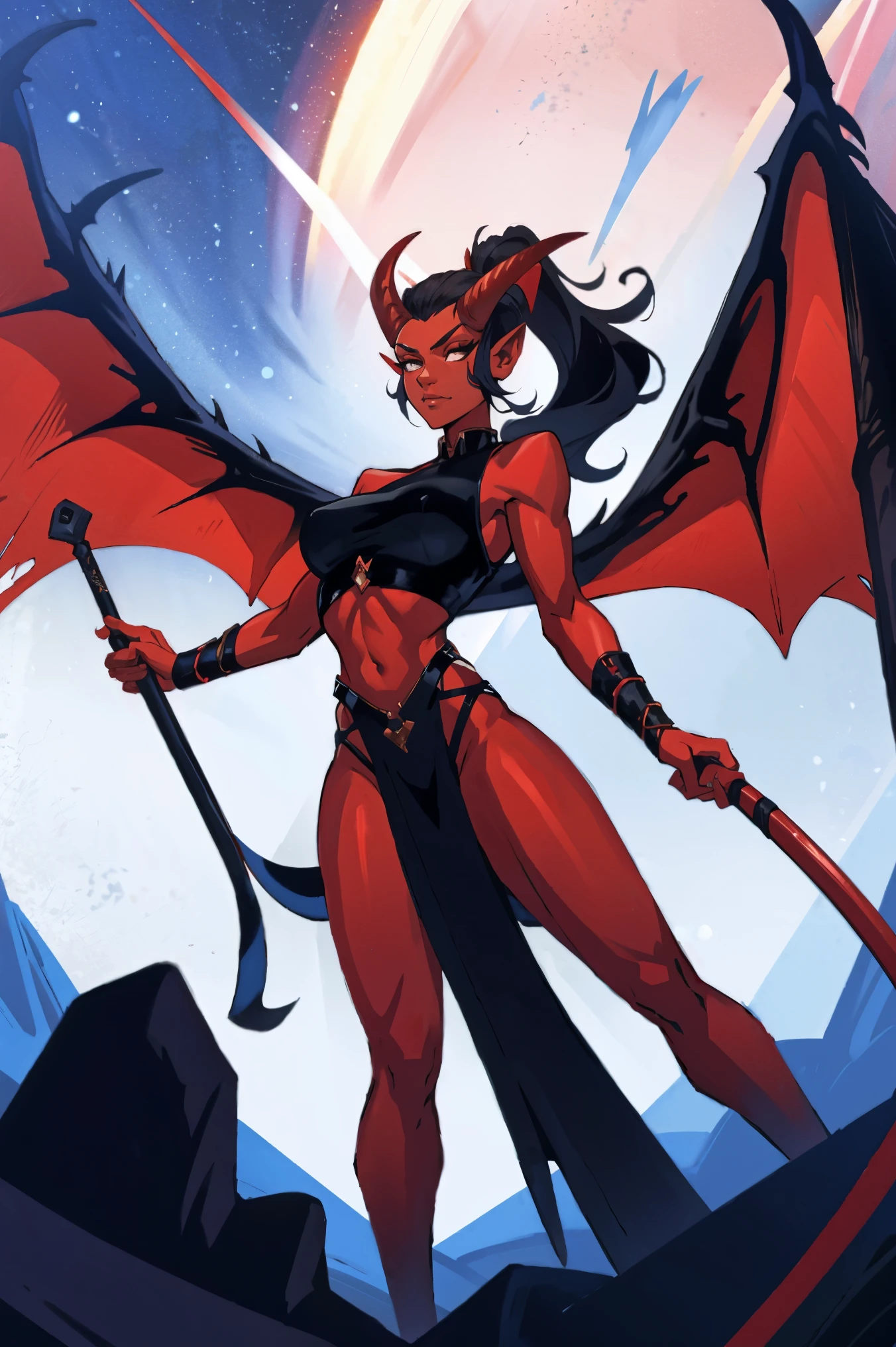 Red skin succubus tiefling, digitigrade legs, full breasts, huge breasts, black horns, wings, huge tail, black leather, crop top, long flowing pelvic curtain, tall, athletic, graceful, thin, long black ponytail. Action scene, whip. Dark scene, explosions, night sky.