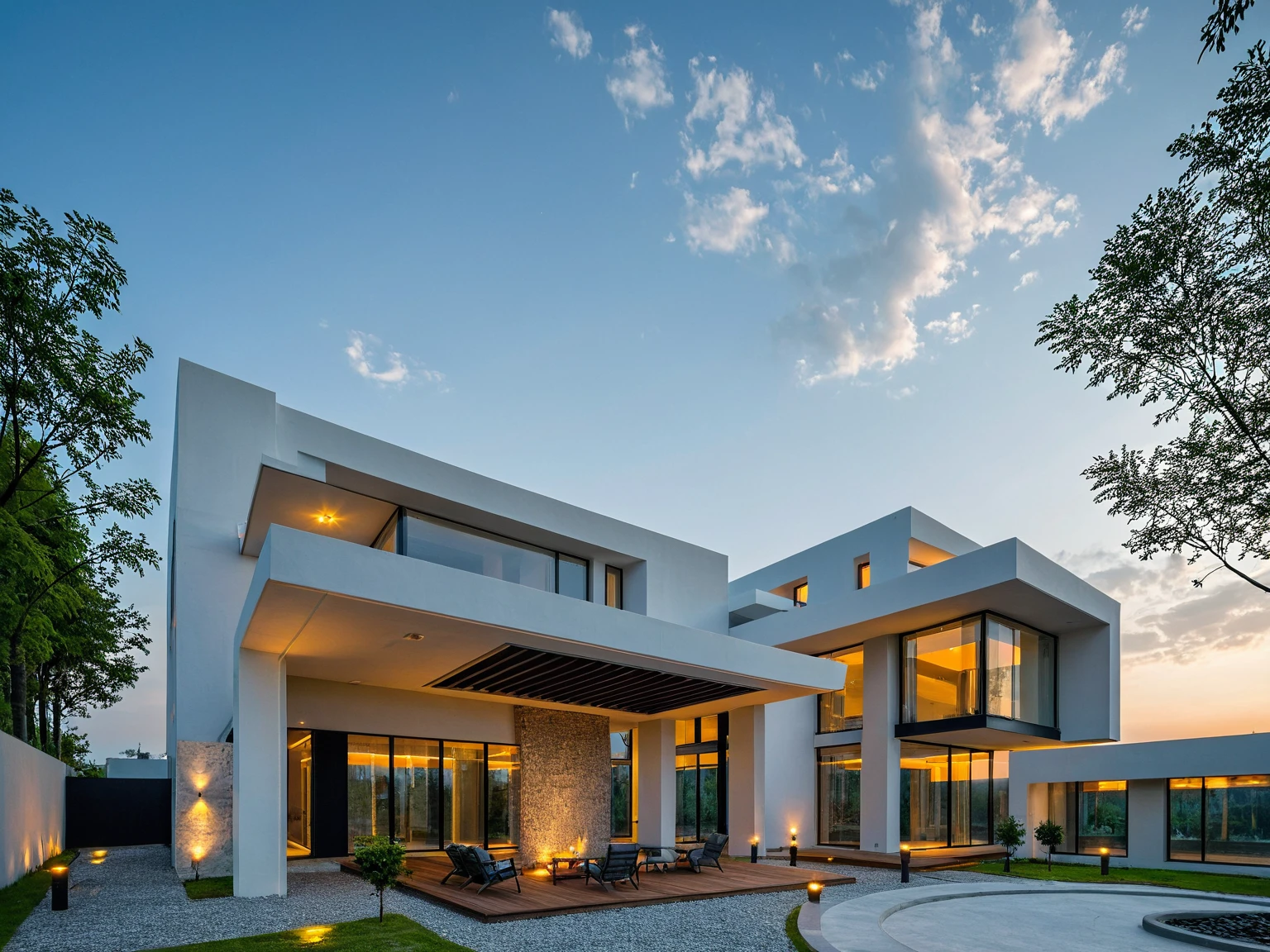 Masterpiece, high quality, best quality, authentic, super detail, outdoors, onestoreyvillaXL, aiaigroup, house style modern on the street ,stairs, white wall ,road,pavement, grass, trees, sky, cloud, (daylight:1.1)