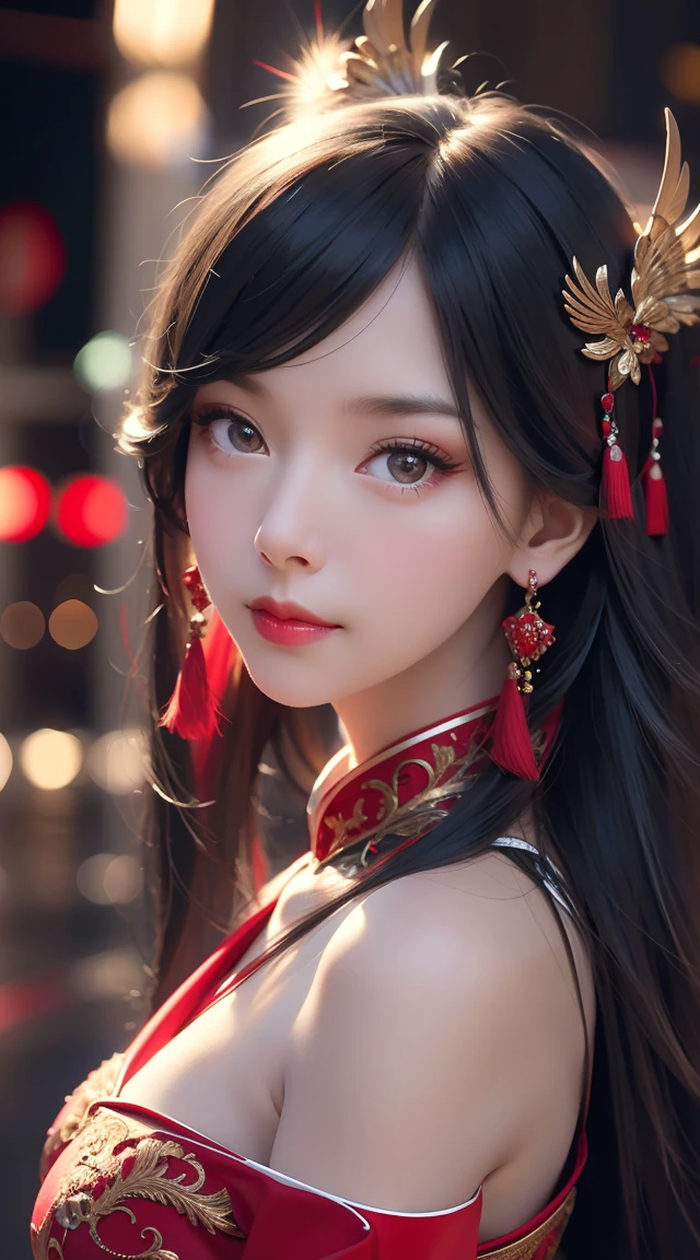 a girl in a red dress, long black hair, jewelry pearl earrings, looking over shoulder at viewer, half-body shot, frowning expression, hair accessories feathers, chinese traditional clothing, fringe on dress, blurred background, (best quality,4k,8k,highres,masterpiece:1.2),ultra-detailed,(realistic,photorealistic,photo-realistic:1.37),cinematic lighting,dramatic mood,cinematic composition,intricate details
